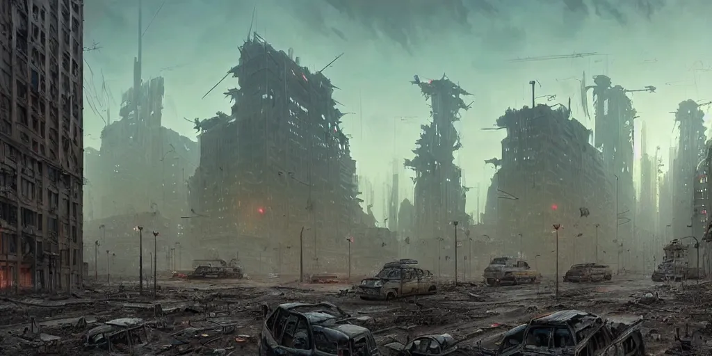 Image similar to a wide view of a post-apocalyptic city being attacked by giant mutants. fear, desolation, destruction, stylish, detailed digital matte painting by Greg Rutkowski and Simon Stalenhag