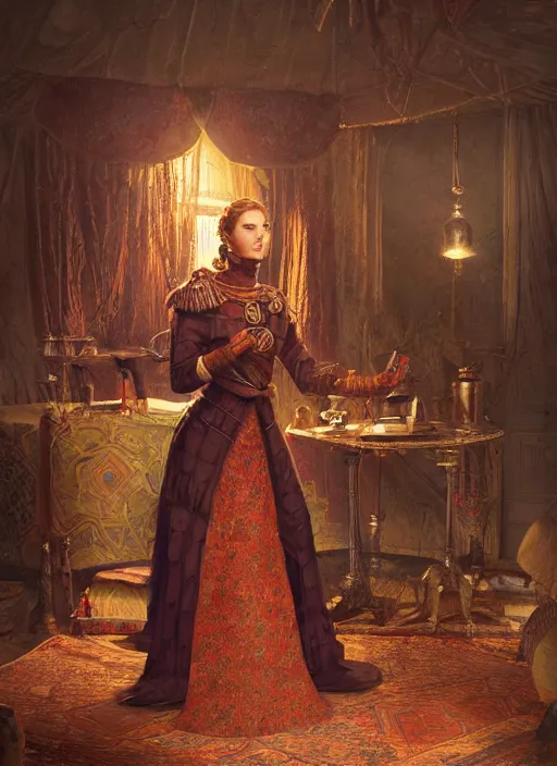 Image similar to portrait of queen commander in outpost tent, persian carpets, lamps, in the style of charles sillem lidderdale, in the style of greg rutkowski, artstation, high quality art