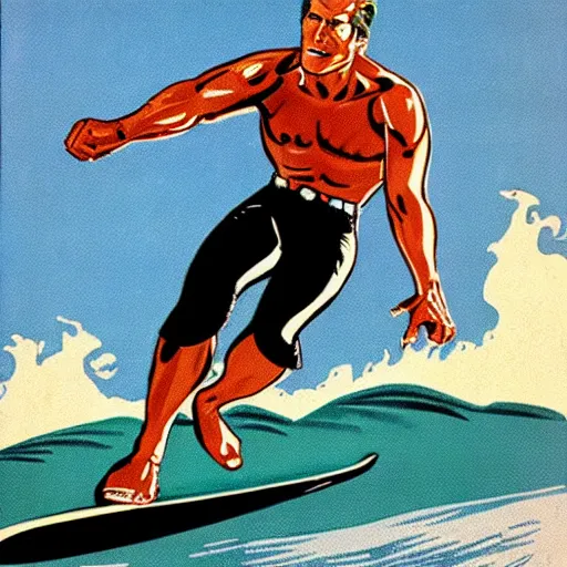 Image similar to the terminator surfing usa 1 9 5 0 s color illustration