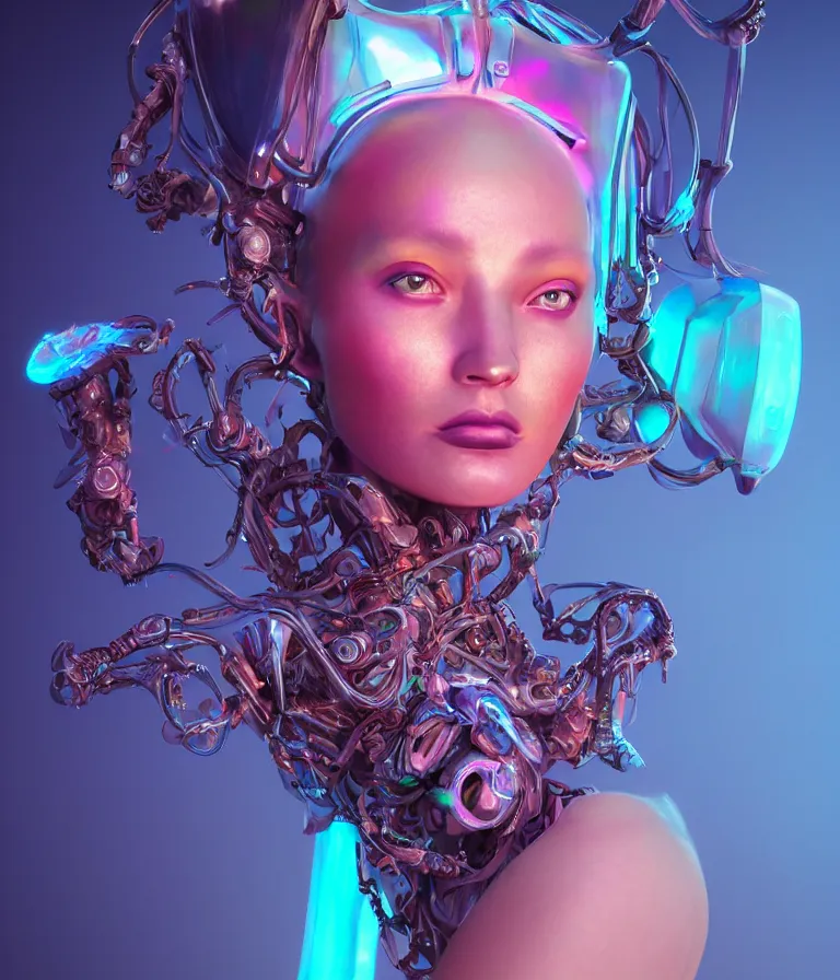 Image similar to iridescent portrait of a beautiful princess of death in robe. hard surface modelling. cyberpunk look. biomechanical mask. bio luminescent biomechanical halo around head. neon jellyfish. artwork by jarold Sng by artgerm, by Eddie Mendoza, by Peter mohrbacher by tooth wu, unreal engine, octane render, cinematic light, high details, iridescent colors, dichroic, macro, 4l