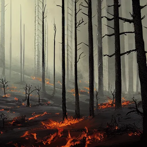 Image similar to a burned lifeless forest, with burned trees, concept art, cinematic, Greg Rutkowski, ArtStation, CGSociety, Unreal Engine