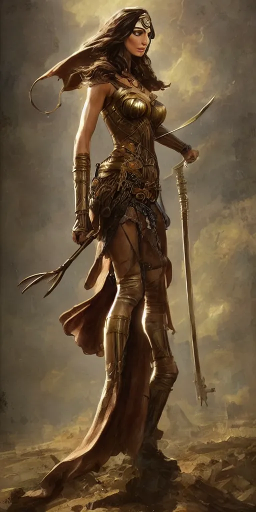 Image similar to highly detailed steampunk gal gadot standing, cape, staff : leonardo da vinci, greg rutkowski, magali villeneuve