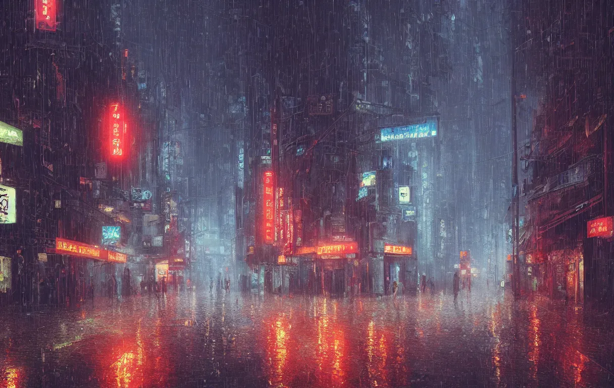 Image similar to A digital painting of a close-up view of a raining cyberpunk street in Guangzhou, some street lights and padestrians, by Ismail Inceoglu and Caspar David Friedrich, 4k, ue5, light effect, rtx on, realistic, cinematic, trending on artstation