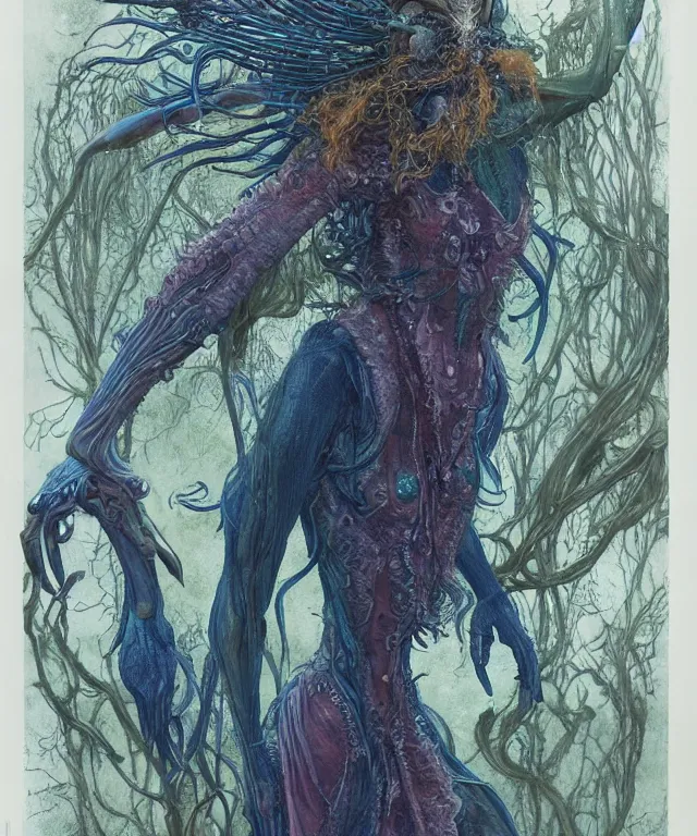 Prompt: a portrait photograph of a fierce sadie sink as an alien harpy queen with blue slimy amphibian skin. she is trying on evil bulbous slimy organic membrane fetish fashion and transforming into a fiery succubus amphibian dolphin. by donato giancola, walton ford, ernst haeckel, brian froud, hr giger. 8 k, cgsociety
