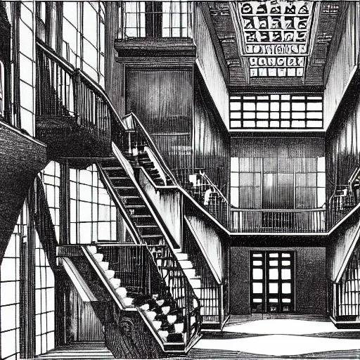 Image similar to a dark hallway with many doors and many stairs, Mc Escher architecture, epic composition, by Junji Ito