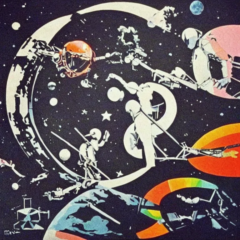 Prompt: moon landing, pink floyd, clockwork orange, conspiracy theory, dreamy artwork