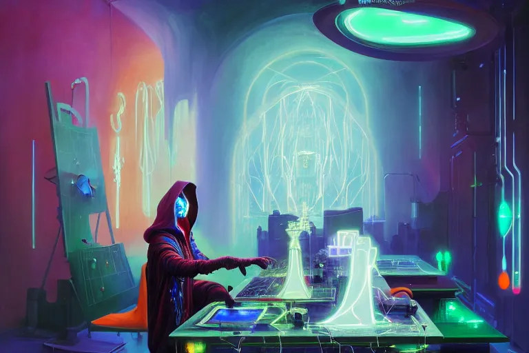 Image similar to a beautiful masterpiece painting of a cybernetic technomancer wizard in robes with pointed hood discussing sentience with 3 of his synthesized AI djinn in his laboratory near a computer by Remedios Varo and Anato Finnstark and Greg Rutkowski, dayglo pink, dayglo blue, dazzle camouflage!, 8k, trending on ArtStation