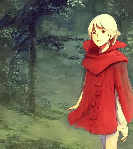 Image similar to attractive little boy character inspired in little red riding hood and venti, digital artwork made by akihiko yoshida and makoto shinkai