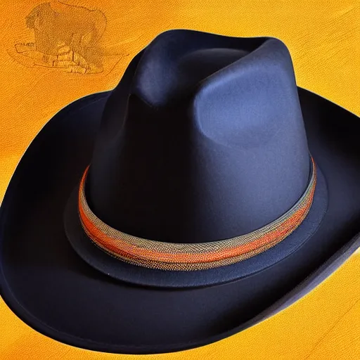 Image similar to [high tech cowboy hat in futuristic colours and fabrics, object design, couture]