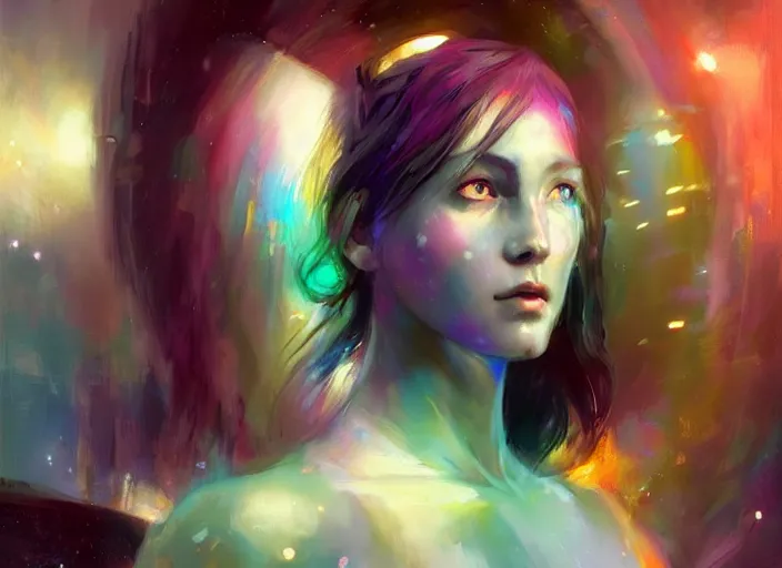 Prompt: a girl with rainbow hair standing in a sci - fi spaceship, official art, gorgeous detailed face, by jeremy lipking, by artgerm, realistic expressive oil painting, cgsociety, anime style, detailed interior, movie still