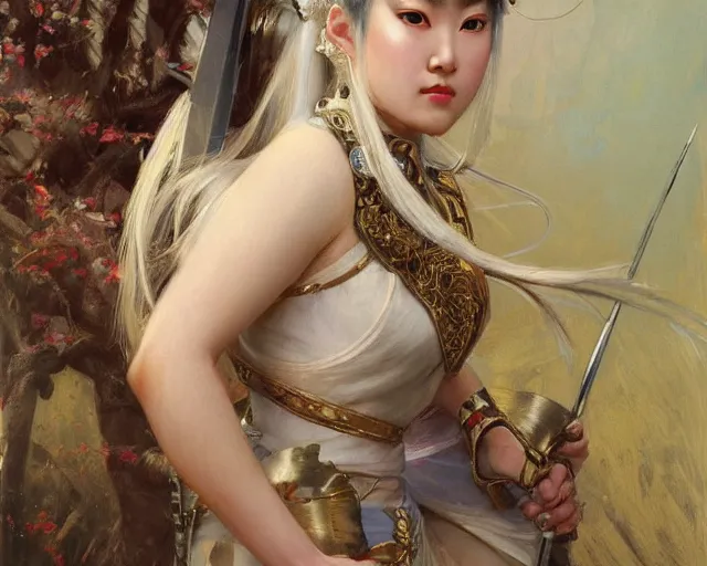 Image similar to a young japanese princess warrior lady with white hair and bangs!!!!, posing, white hair highly detailed painting by gaston bussiere, craig mullins, j. c. leyendecker 8 k