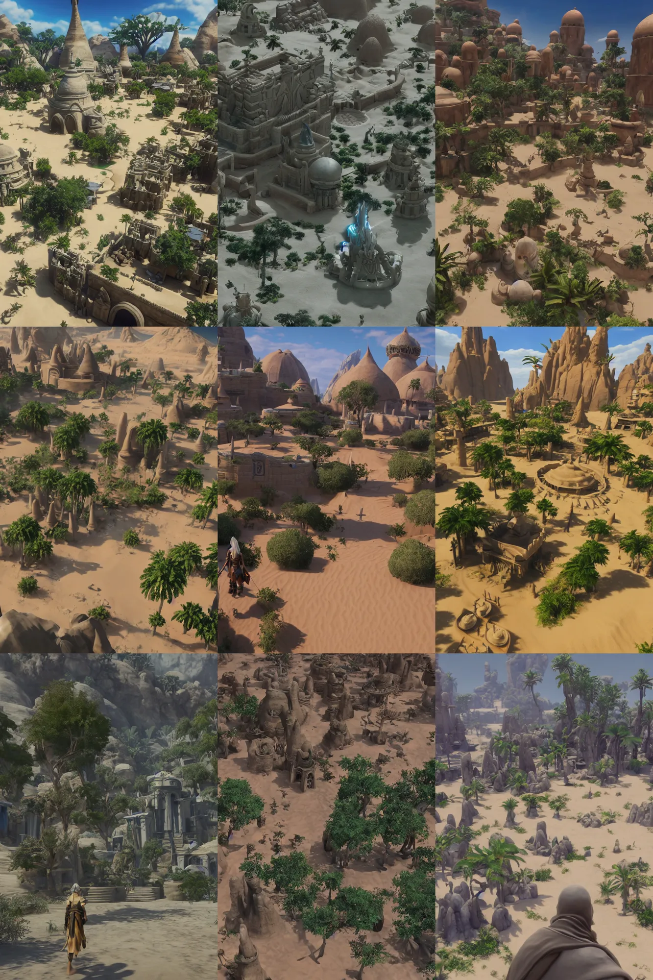 Prompt: an isolated inhabited religious warrior village with pale colored spiritual sacred alien architecture in the lush oasis of a vast sand desert, 3 rd person game, screenshot, gameplay, walkthrough, kh 3, tales of arise, ff 7 remake, square enix, jrpg, cutscene, unreal engine, 4 k, rtx, next gen, tech demo
