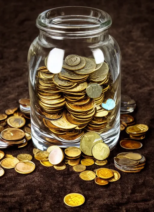 Image similar to crystal jar full of coins, dark, doom, obscure, high definition, high quality photo, 8k