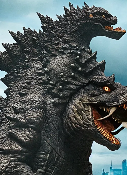 Image similar to godzilla eating a sandwich made of buildings, realistic, still shot from the new godzilla movie