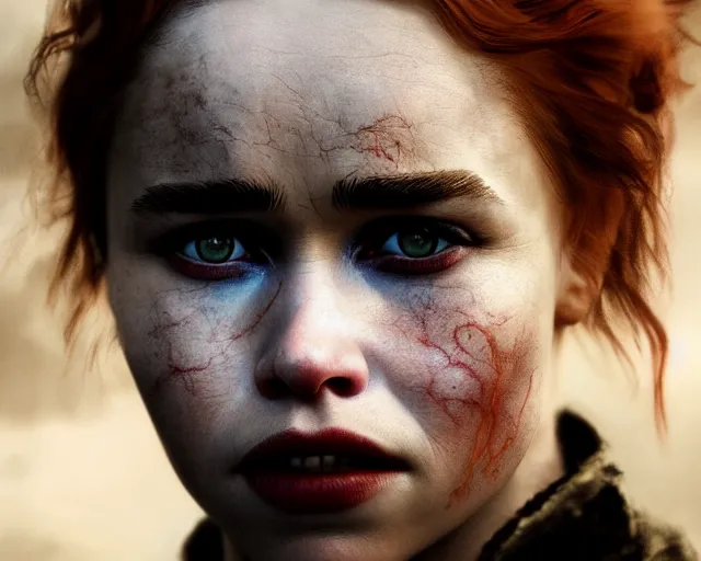 Image similar to 5 5 mm portrait photo of young redhead short hair emilia clarke with war face paint, dark atmosphere. art by greg rutkowski. highly detailed 8 k. intricate. lifelike. soft light. nikon d 8 5 0.