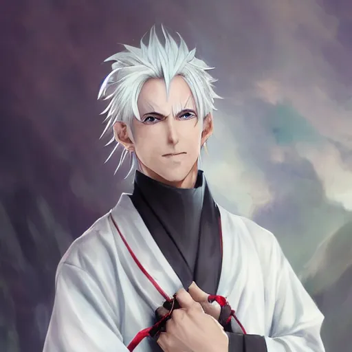 Prompt: white haired parted down the middle, wearing white hakama anime man with black sclera, with sharp teeth smile, full body portrait made by Stanley Artgerm, WLOP, Rossdraws, James Jean Andrei Riabovitchev, Marc Simonetti, Yoshitaka Amano, Artstation