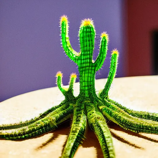 Image similar to An award winning closeup photo of an octopus made out of a cactus on a lab table, detailed prickly texture