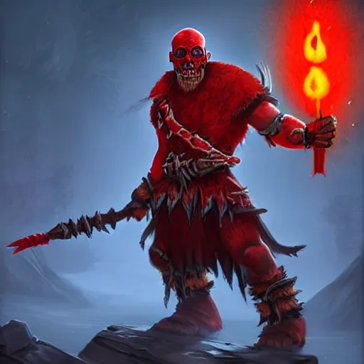 Prompt: red orc shaman, red theme lighting, skull staff, skull garments, battlefield background, in hearthstone art style, epic fantasy style art, fantasy epic digital art, epic fantasy card game art