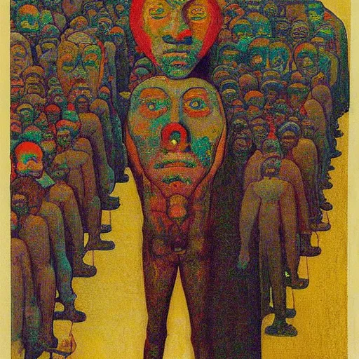 Image similar to a thousand-headed man, by Odilon Redon, by Francis Bacon, by M.C. Escher, beautiful, eerie, surreal, colorful