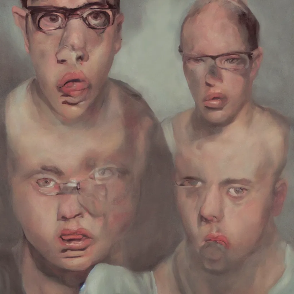 Image similar to oil painting by christian rex van minnen portrait of todd solondz age 2 5, extremely bizarre disturbing, intense chiaroscuro lighting perfect composition masterpiece intense emotion