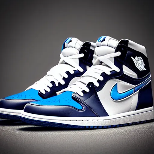 Image similar to “Air Jordan 1, navy blue and grey, ultra realistic, cinematic”