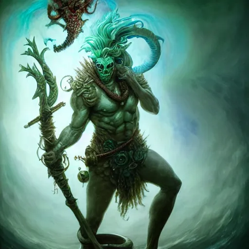 Prompt: a beautiful detailed 3d matte portrait of a masculine triton fishman with green hair, wearing leather assassin armor, wielding a staff with a glowing red crystal, male, standing in a maelstrom, by ellen jewett, by tomasz alen kopera, by Justin Gerard, ominous, magical realism, texture, intricate, skull, skeleton, whirling smoke, alchemist bottles, radiant colors, fantasy, dungeons and dragons, volumetric lighting, high details