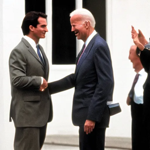 Prompt: patrick bateman shaking hands with joe biden.