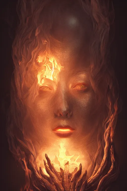 Prompt: portrait of a ghost burning, floating in the darkness space, ancient wood environment, Cinematic lighting, insanely detailed, trending on artstation, golden ratio, concept art by Agesandro de Rodas & Emil Melmoth