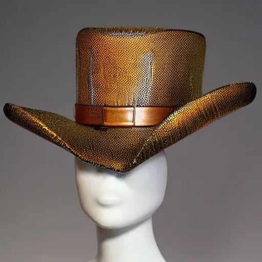 Image similar to [high tech cowboy hat in futuristic colours and fabrics, object design, couture]