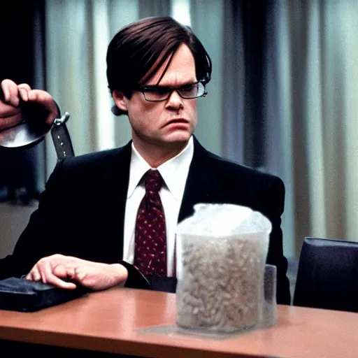 Image similar to dwight schrute as the american psycho, sweating profusely, cinematic still