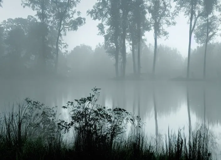 Prompt: swoock lake. a spooky lake always covered by mist and buzzing insects in a forested area. inspired by balaskas christopher