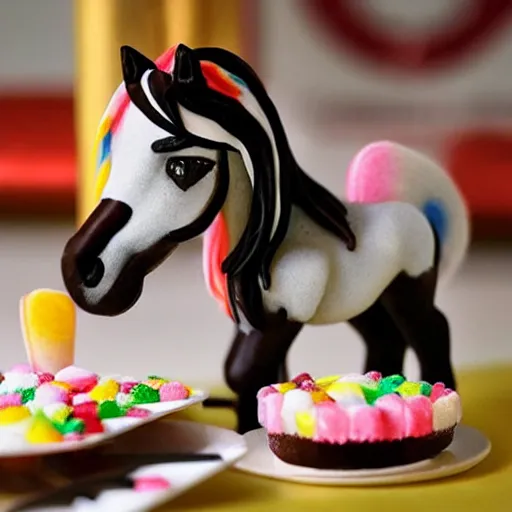 Image similar to a pony made out of candy and sweet and deserts, very detailed, very smooth, very realistic, pov,