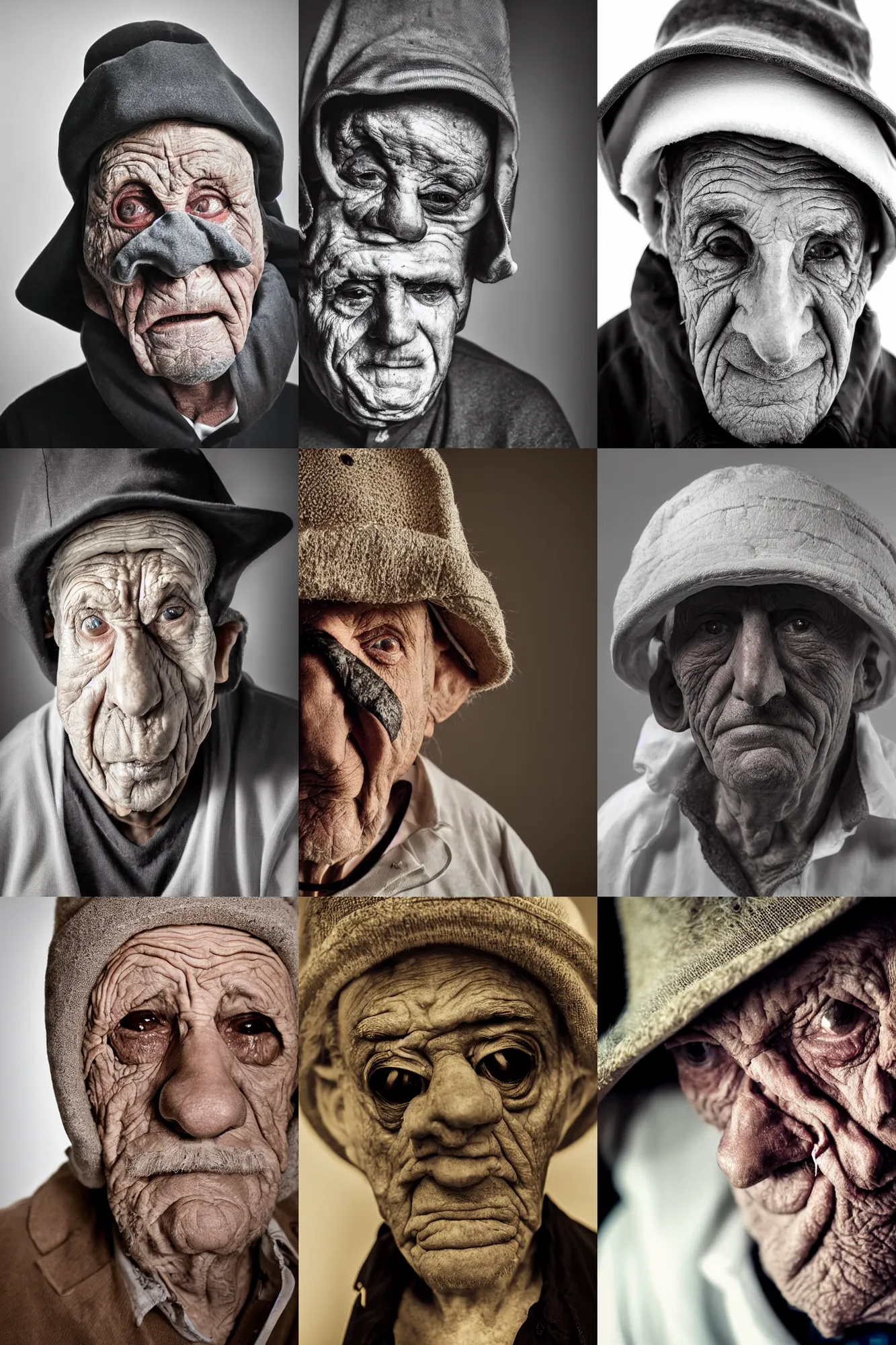 Prompt: high contrast studio close - up portrait of a wrinkled old man wearing a pulcinella mask, clear eyes looking into camera, baggy clothing and hat, backlit, dark mood, nikon, photo by unknown, masterpiece