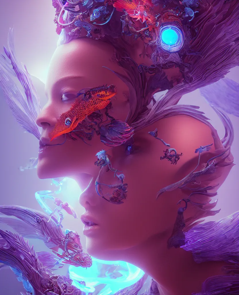 Image similar to goddess close-up portrait. orchid bird phoenix head, nautilus, skull, betta fish, bioluminiscent creatures, intricate artwork by Tooth Wu and wlop and beeple. octane render, trending on artstation, greg rutkowski very coherent symmetrical artwork. cinematic, hyper realism, high detail, octane render, 8k