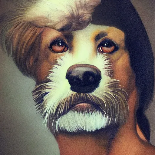 Image similar to realistic studio portrait, dog human hybrid creature, 5 0 % human face, human with dog facial features, in the style of annie leibovitz