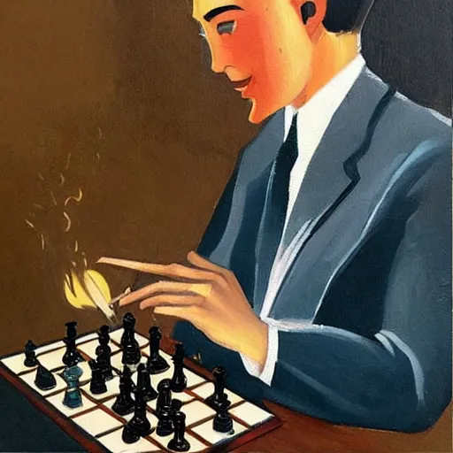 Prompt: an oil painting in the style of art deco of a dragon in a suit smoking a cigar while sitting at a chess table, handsome dragon, artsy