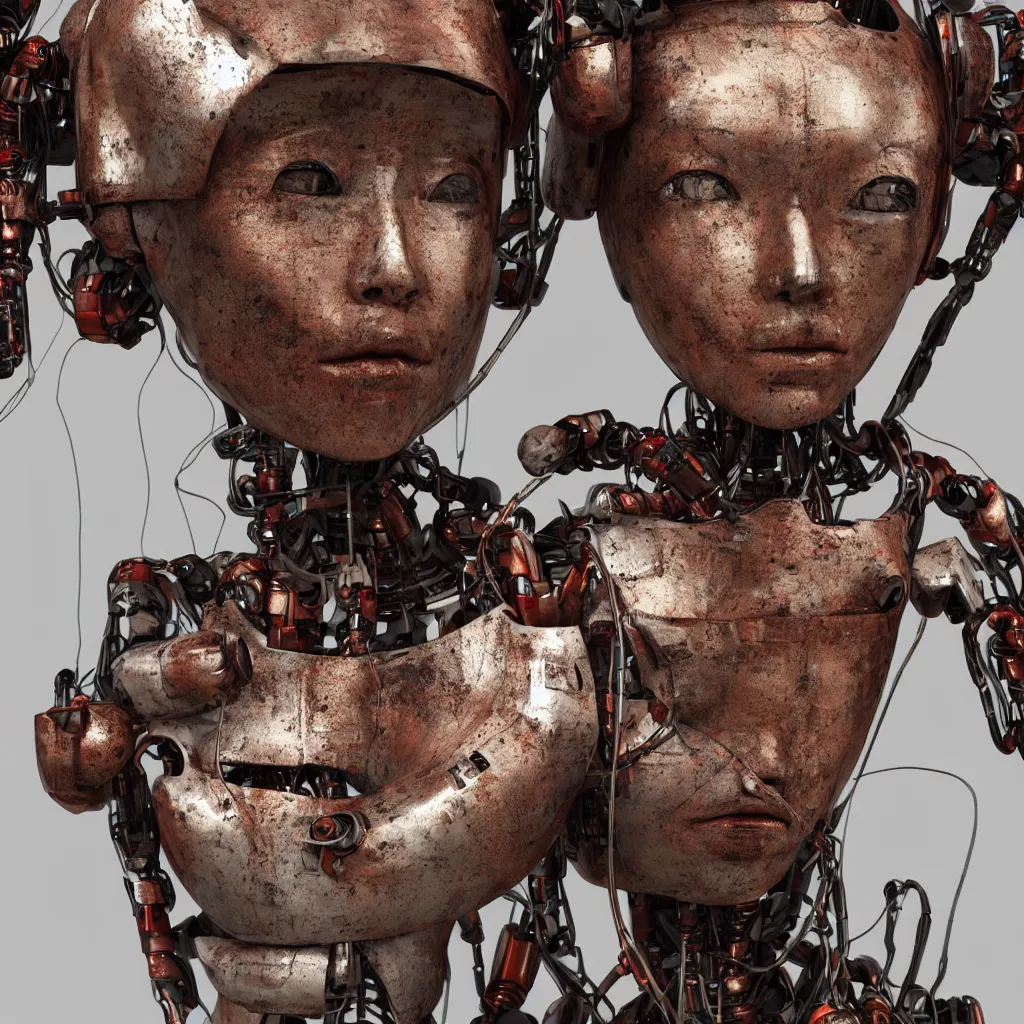 Prompt: Portrait photo of a slightly rusty, beaten-up Japanese robotic geisha with wires and actuators in a technological megastructure, dramatic lighting, hyper-realistic, ultra-realistic, concept art, intricate details, 8K Ultra High Definition, digital art