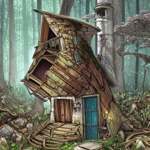 Image similar to Ultra realistic illustration of a ramshackle multistory fairytale hut in the forest