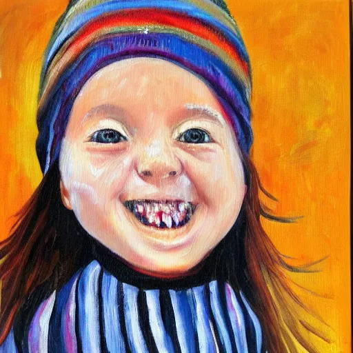 Image similar to painting of a emo girl with a eerily large smile, showing teeth, beanie, impressionist style