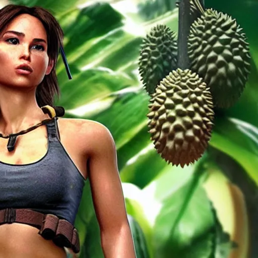 Image similar to Lara croft eating durian