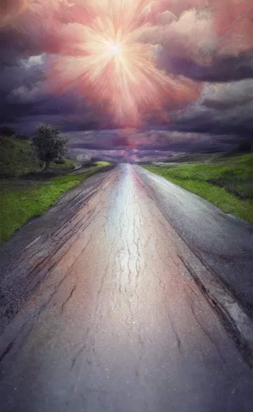 Image similar to paperback book cover. 2 0 2 0 s. pure colors, melting clouds, accurately drawn details, a sunburst above a receding road with the light reflected in furrows and ruts, after rain. photorealistic. octane render. cinematic. trending on artstation. textless.