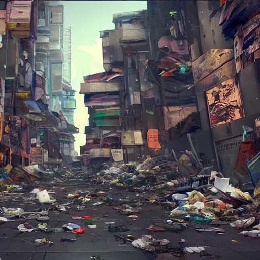 Prompt: trash falls from the sky into an alley in cyberpunk city