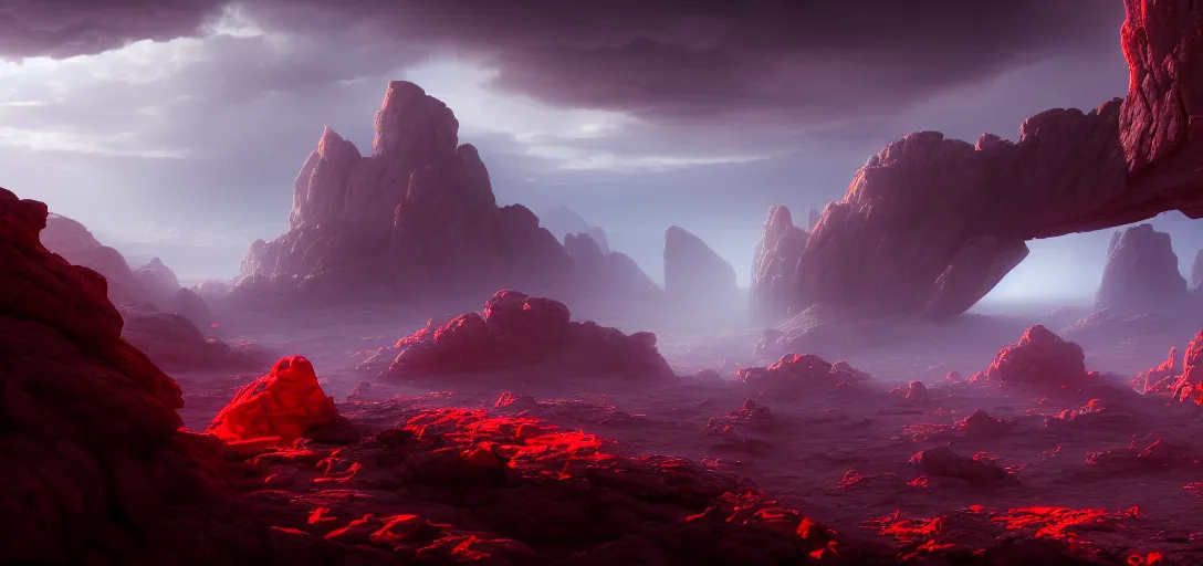 Prompt: dramatic view of empty rocky alien wasteland, mysterious red glowing fog, sharp craggy rocks, glowing ominous clouds,, unreal engine, dramatic lighting, detailed, ambient occlusion, global illumination, god rays, 3 d artstation render by greg rutowski and jessica rossier