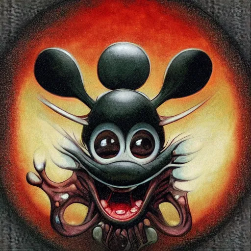 Image similar to front view of a demonic evil mickey mouse cyclops one eye, dripping blood, symmetrical, by jean - baptiste monge!!!!!!!!!!!!!!!!!!!!!!!!!!!