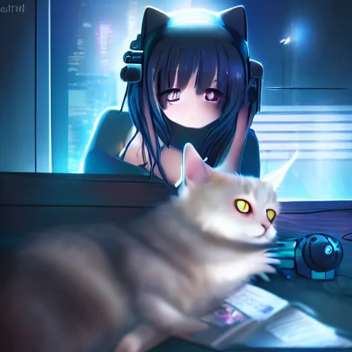 Image similar to anime girl petting a robotic cat, cyberpunk, cinematic lighting, blue glowing eyes, beautiful, extremely detailed, anime, cute,