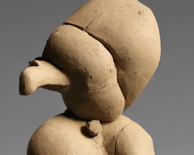 Prompt: an ancient effigy of an anthromorphic bird, clay sculpture, cubism, photograph