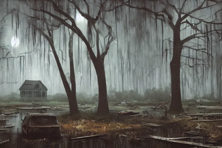 Image similar to scene from louisiana swamps, old protestant church with neon satanic pentagram, junkyard by the road, boy scout troop, voodoo artwork by tim eitel