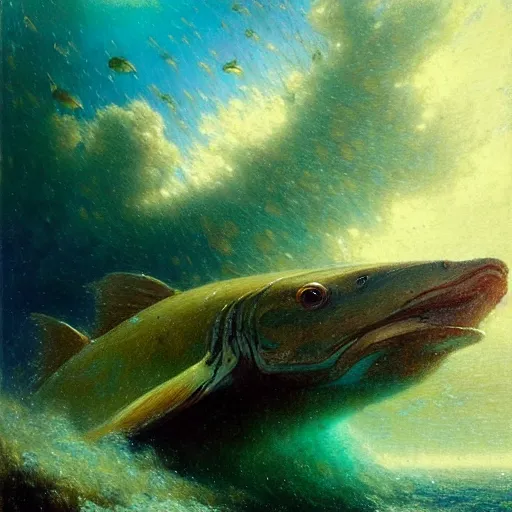 Image similar to point of view of deep in the ocean looking up, you see fishes, higher up you see the milk way, night time. highly detailed painting by gaston bussiere, greg rutkowski 8 k