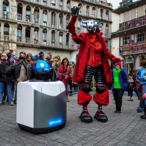 Image similar to a futuristic cyberpunk jester robot entertaining a crowd on a small box in the middle of the city square