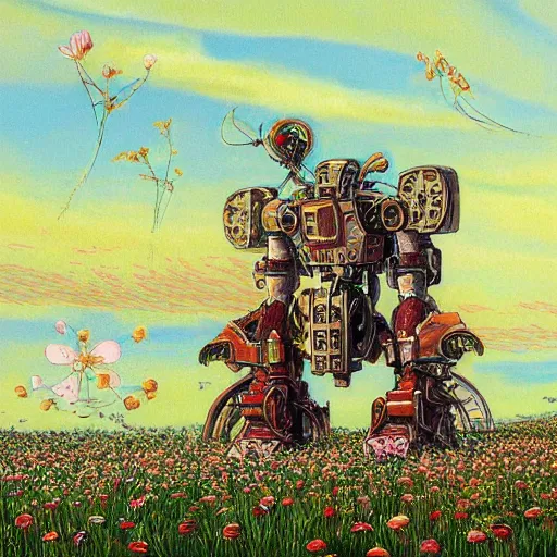 Prompt: a beautiful painting of a large walking mechanical mech castle in a field of flowers by moebius